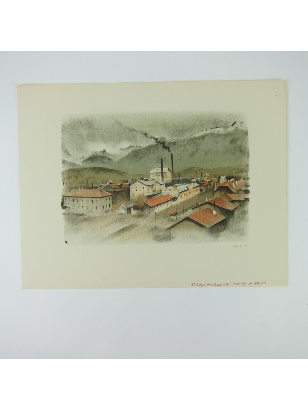 Vintage 1934 Lithograph Building Monthey Chemical Industry in Basle Switzerland